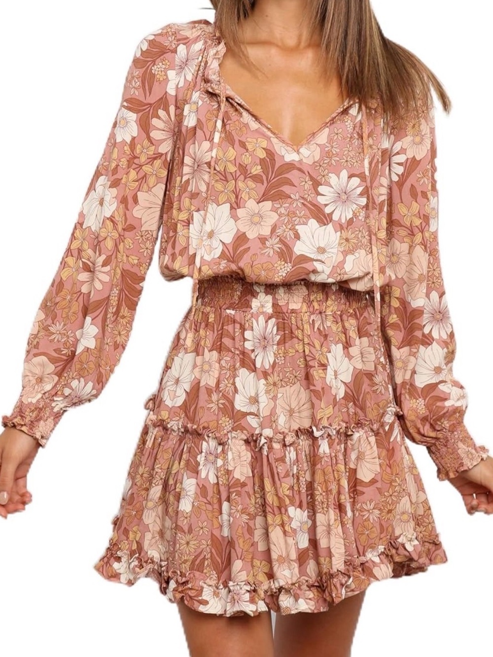 Petal & Pup Rose Floral Long Sleeve Tiered Mini Dress